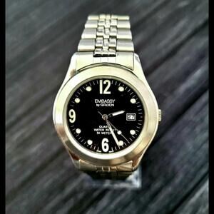 Vintage Embassy‎ Gruen Watch Mens Stainless Black Enamel Dial